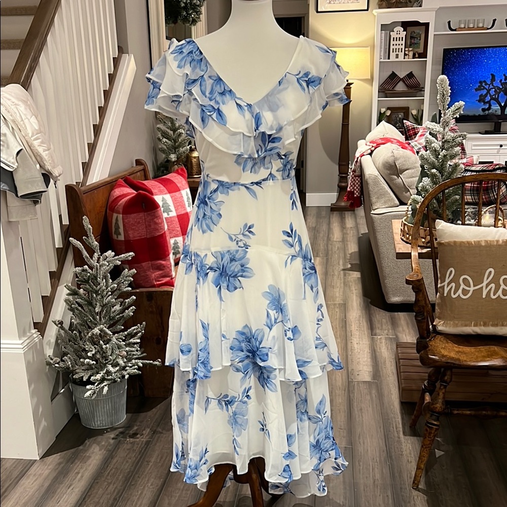 Flowy, Floral Blue and White Ruffle Dress